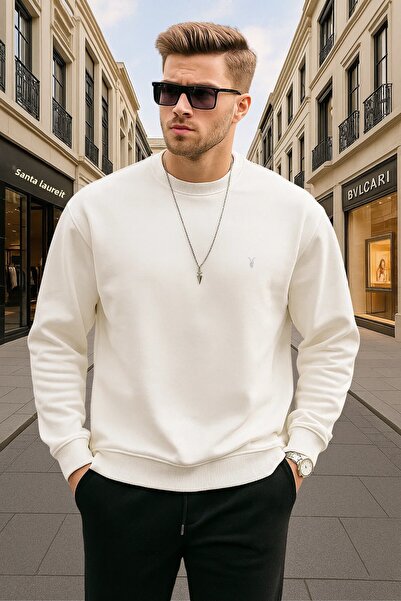 COMBİNE MİCHAİL Ecru Color Basic Crew Neck Relaxed normál férfi pulóver