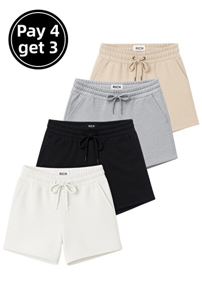 Rich Women's 4-Pack Black-White-Grey-Beige Relaxed Fit Soft Fabric Elastic Waist Summer Mini Shorts with Pockets