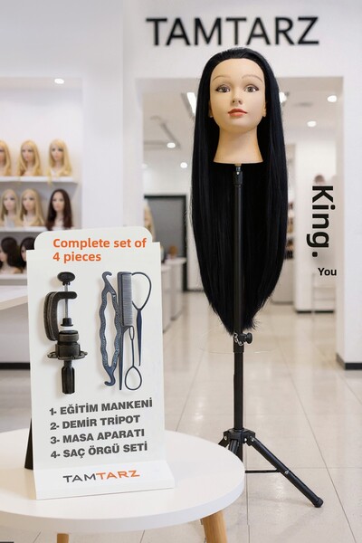 TAM TARZ Manechin negru pentru antrenament de coafură + trepied de fier + ata...