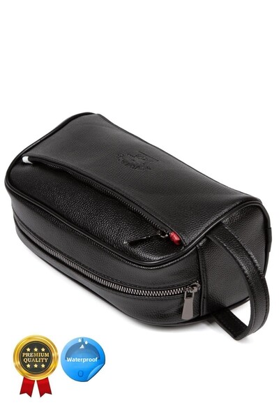 Newish حقيبة كلاتش من الجلد الأسود من Adelina للسفر والحلاقة ومستحضرات التجميل