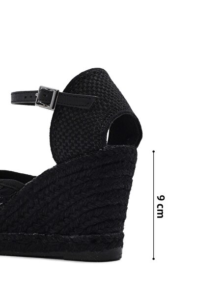 Derimod Women's Black Ankle Strap Patterned Wedge Heeled Espadrille 25Sfd20756F