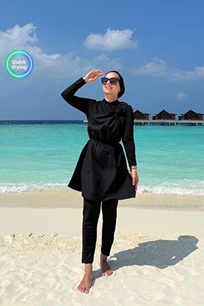 Ka Hijab Rose Detail Full Covered 2-Piece Hijab Swimsuit - Black