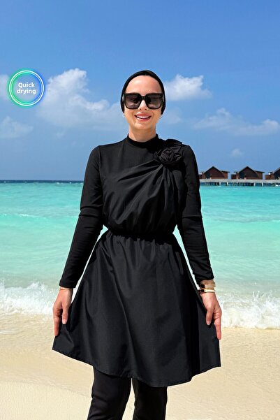 Ka Hijab Rose Detail Full Covered 2-Piece Hijab Swimsuit - Black