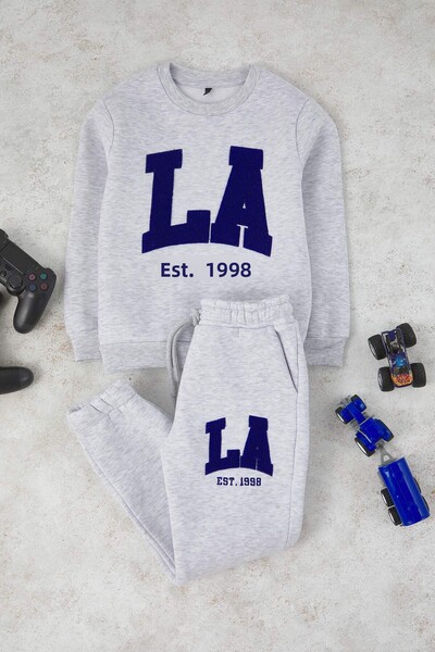 TRENDYOLKIDS Kar Melanj Cotton Fleece Regular Thick/Inside Fleece Boys' Knitted Bottom - Top Set Tkdaw26Au00048