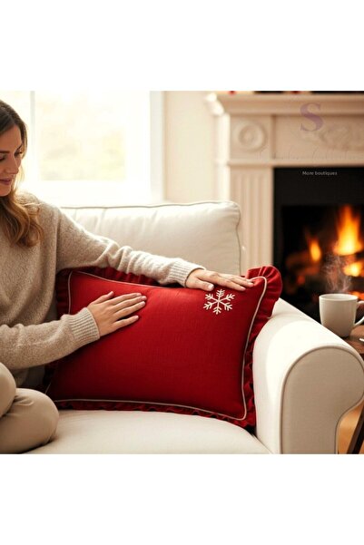 shules collection Embroidered Red Buldan Linen Pillowcase (50X70) 1 Piece Without Filling