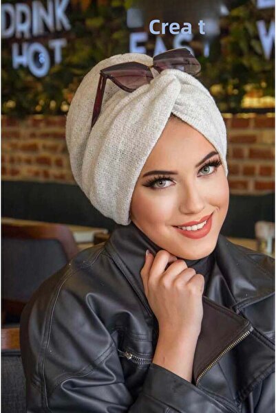 Aişe tesettür Λευκό πλεκτό χειμερινό καπέλο με σπιράλ