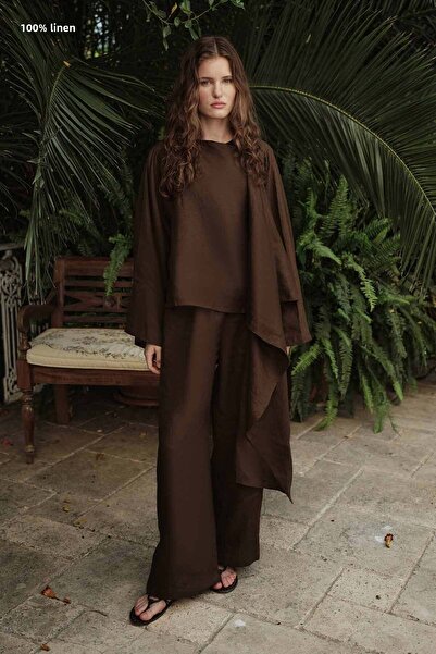 Hooopstore 100% Linen Plain Brown Trousers