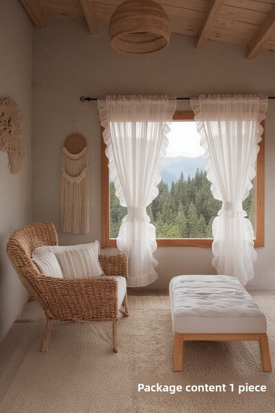 cotton maison Frilly Linen Tulle Curtain Single Sash Romantic Flounced Tie up