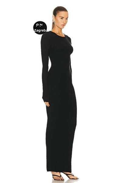 Zagrep Black Silk Maxi Dress - Long Sleeve, Crew Neck, Zip and Lined