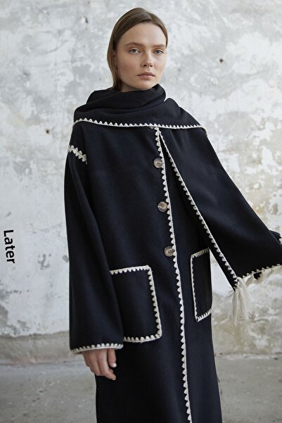 InStyle Stamped Long Jacket with Scarf Pockets - Black