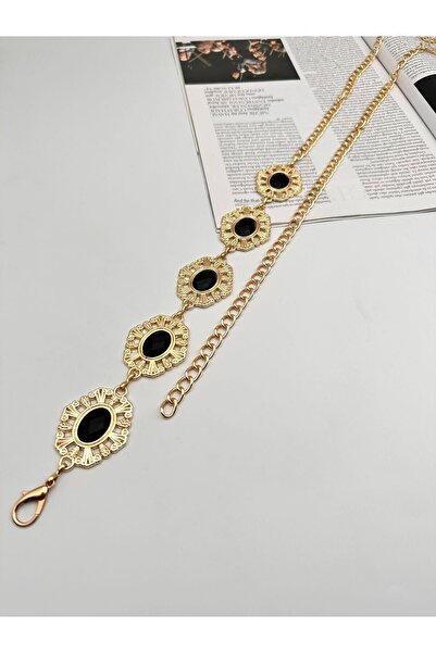 MODAM HİFA Black Stone Chain Belt Women's Belt Dress Belt Shirt Belt Coat Belt Pants Belt