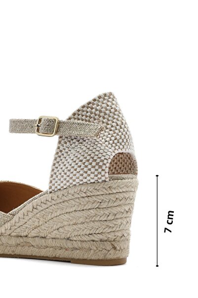 Derimod Women's Beige Ankle Buckle Wedge Heeled Fabric Espadrille Sandals 25Sfd45756F