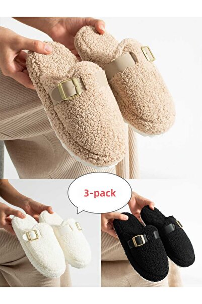 Moda Devrin 3-Piece Pack Buckle Towel Winter Women's Slippers Dowry Bundle Set
