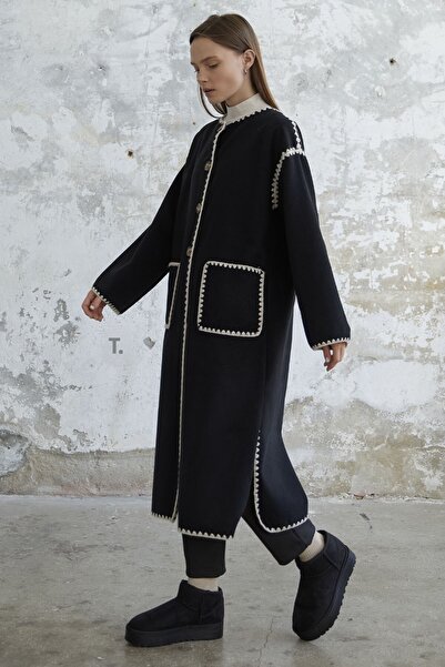 InStyle Stamped Long Jacket with Scarf Pockets - Black