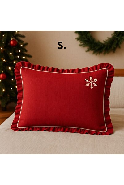 shules collection Embroidered Red Buldan Linen Pillowcase (50X70) 1 Piece Without Filling