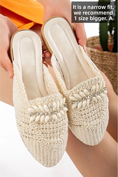 Slipcat Papuci de femei din paie cu plasă în față închisă din dantelă cu detalii de piatră, eleganti, acasă, de vară, pentru vacanță, papuci