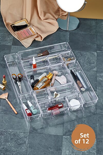 Stile Cucina 12 قطعة منظم أدراج قابل للتعديل للمكياج ومنظم المجوهرات شفاف