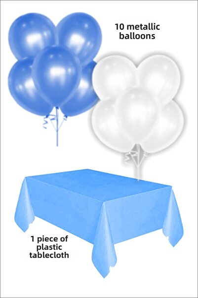 karanca parti süs 5 بالونات معدنية زرقاء و5 بالونات معدنية بيضاء، 1 قطعة من مفرش الطاولة الأزرق، مجموعة زينة لحفلات أعياد الميلاد
