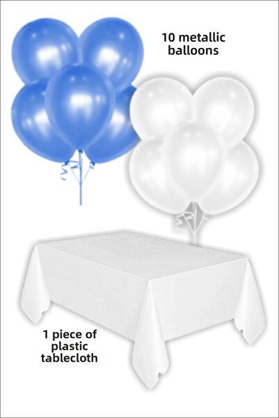 karanca parti süs 5 بالونات معدنية زرقاء و5 بالونات معدنية بيضاء و1 مفرش طاولة أبيض، مجموعة زينة للحفلات، مواد لحفلات أعياد الميلاد