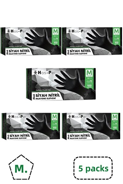 Has-Pet Haspet Powder Free Black Nitrile Gloves Medium Size 5 Boxes