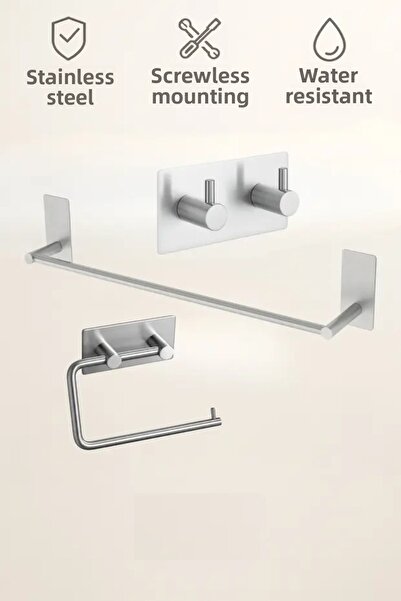 bulut art Set of 3 (Stainless Steel Adhesive Towel Rack, Toilet Paper Holder and 2-Piece Hanger) Adhesive