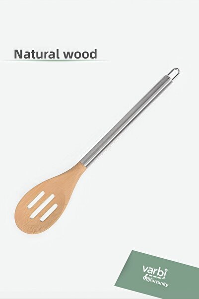 Varbifırsat 33 cm Wooden Tipped Metal Slotted Serving Spoon - Slotted Spoon