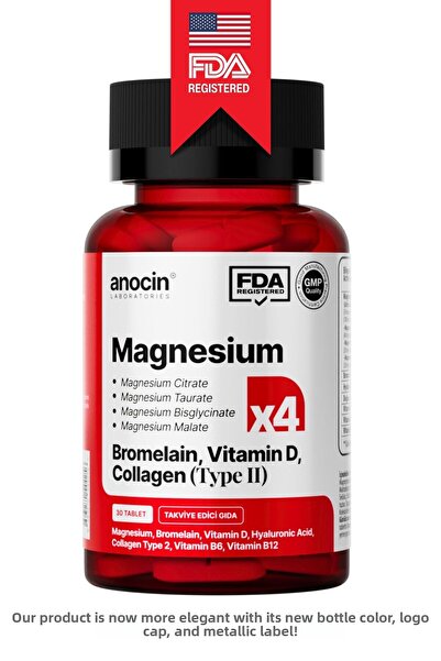 anocin MAGNEZIUM X4 COMPLEX CITRATE, TAURATE, BISGLYCINATE, MALATE + BROMELAIN + COLLAGEN+ H.ACID+D+B12+B6