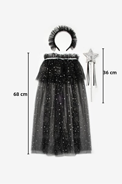 Le Mabelle Black Silver Star Patterned Girl's Cape Staff and Crown Set