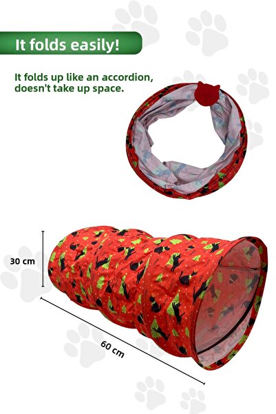 Miyav Red Patterned Cat Play Tunnel, Foldable Cat Tunnel