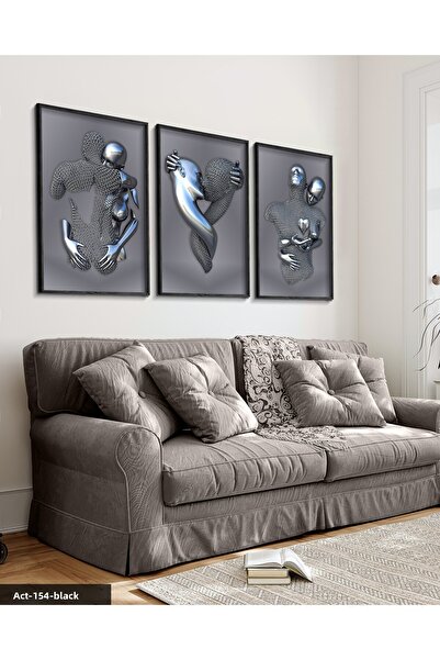 Evinemoda Modern Fusion Love Themed Artistic 3 Piece Black Wooden Framed Painting