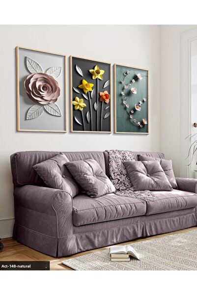 Evinemoda Flori galbene elegante, pictură în 3 piese cu cadru din lemn ACT