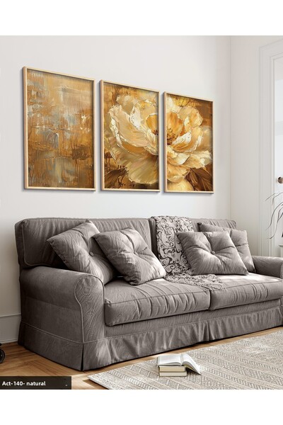 Evinemoda Gold Flowers and Leaves 3 Piece Wooden Framed Painting Act