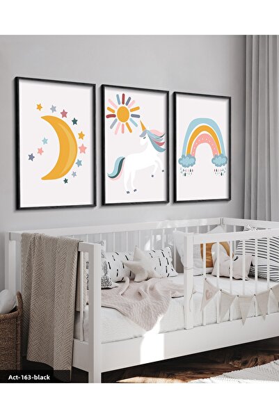 Evinemoda Tablou minimalist cu unicorn, 3 piese, cu rama din lemn negru ACT