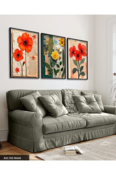 Evinemoda Πράσινα φύλλα με κόκκινο και κίτρινο λουλούδι 3 τεμάχια ζωγραφική μ...