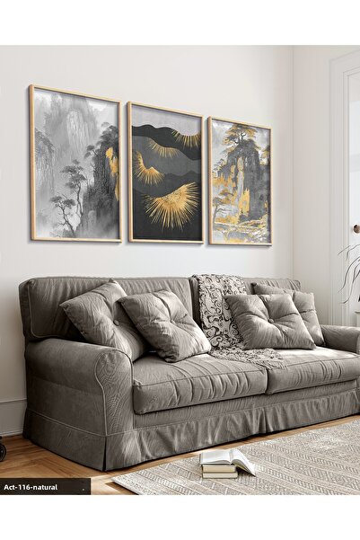 Evinemoda Εικόνα μοντέρνας τέχνης με χρυσή λεπτομέρεια, 3 τεμάχια, με ξύλινο ...