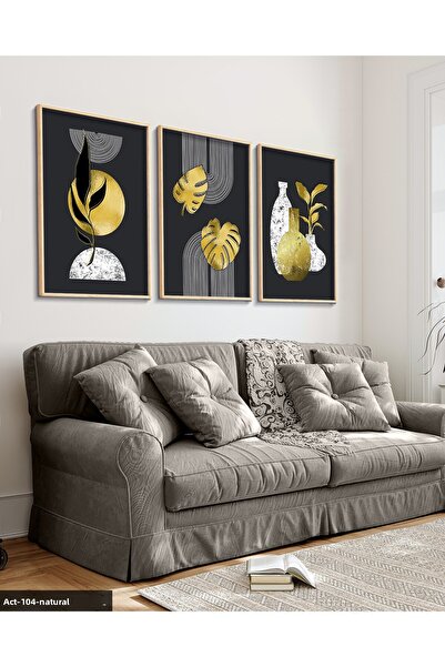 Evinemoda Бохо стил златни детайли листа 3-парче дървена рамка картина ACT