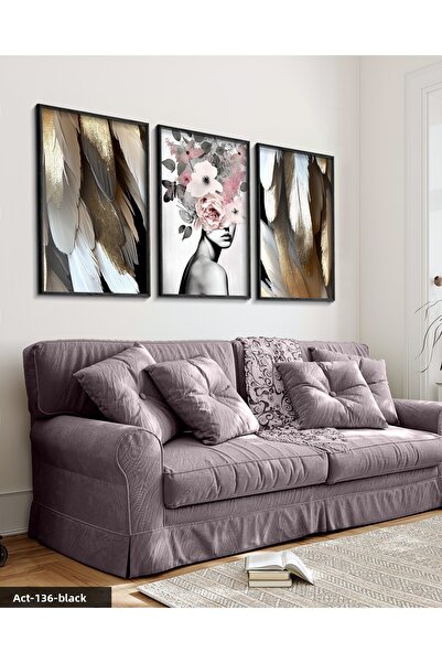 Evinemoda Portret cu flori roz 3 piese Pictură înrămată cu lemn negru ACT
