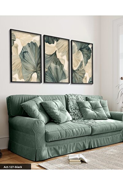 Evinemoda Artă modernă cu flori verzi, pictură în 3 piese cu cadru din lemn n...