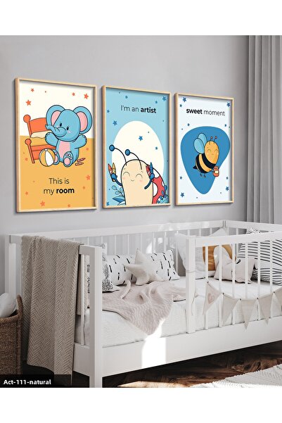 Evinemoda Tablou cu cadru din lemn pentru camera copiilor cu tematica animale...