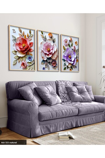 Evinemoda Цветни цветя 3-частна картина с дървена рамка ACT