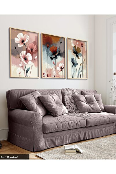 Evinemoda Flori rafinate pe fundal colorat 3 piese pictură înrămată în lemn ACT