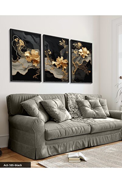 Evinemoda Tablou în stil boho cu flori aurii, 3 piese, cu rama din lemn negru...