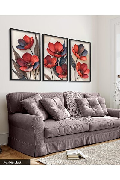 Evinemoda Pictură cu flori roșii, 3 piese, cu cadru din lemn negru ACT