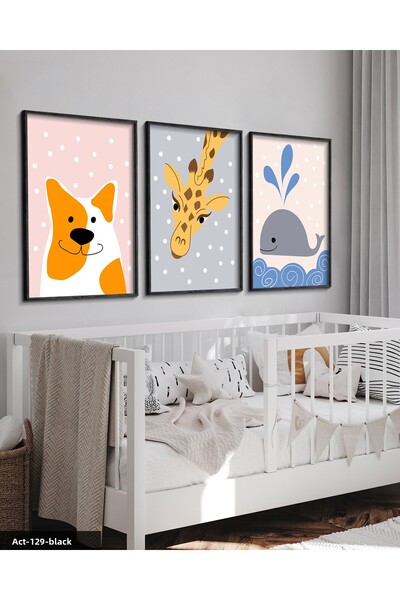 Evinemoda Tablou cu tematică animală pentru cameră pentru copii, 3 piese, cu ...