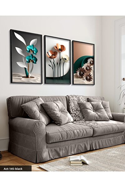 Evinemoda Flori elegante albastre și roz, pictură în 3 piese cu ramă din lemn...