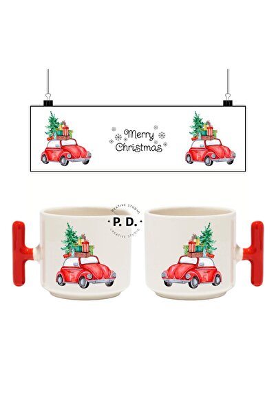 PRİNTOPİA DESİGN Red Vosvos & Christmas Tree Themed Ceramic Mug with Red t Handle |   250 ml |   New Year Concept Gift