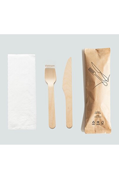 Bitahta Kraft Paper Wrapped Wooden Fork + Knife + Napkin Set