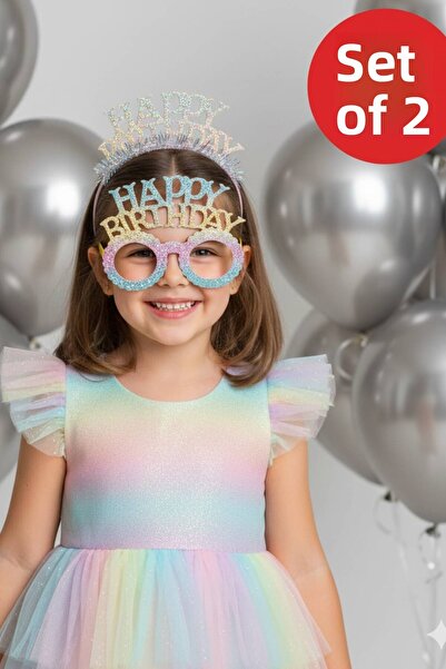 TOYFEST Colorful Happy Birthday Glitter Birthday Crown and Glasses Set – 2-Piece Party Accessory Photo Concept