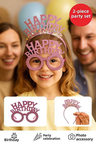 TOYFEST Pink Happy Birthday Glitter Birthday Crown and Glasses Set – 2-Piece Party Accessory Photo Concept