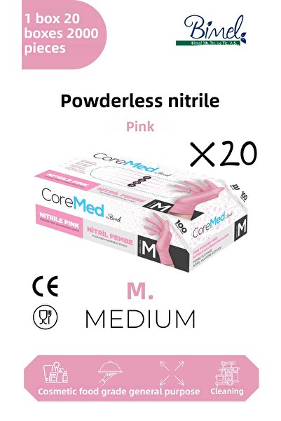 COREMED قفازات فحص من النتريل الوردي خالية من البودرة مقاس M - علبة واحدة - 2...